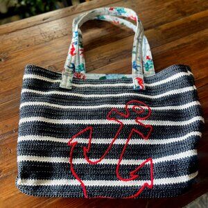 Vera Bradley Anchors Aweigh Straw Beach Tote, Navy Stripes